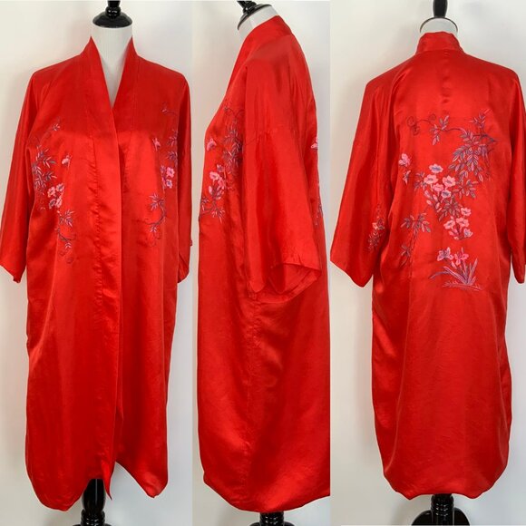 Vintage 50s - 60s Silk Layered Red Embroidered Kimono Robe Sz M - Picture 7 of 16